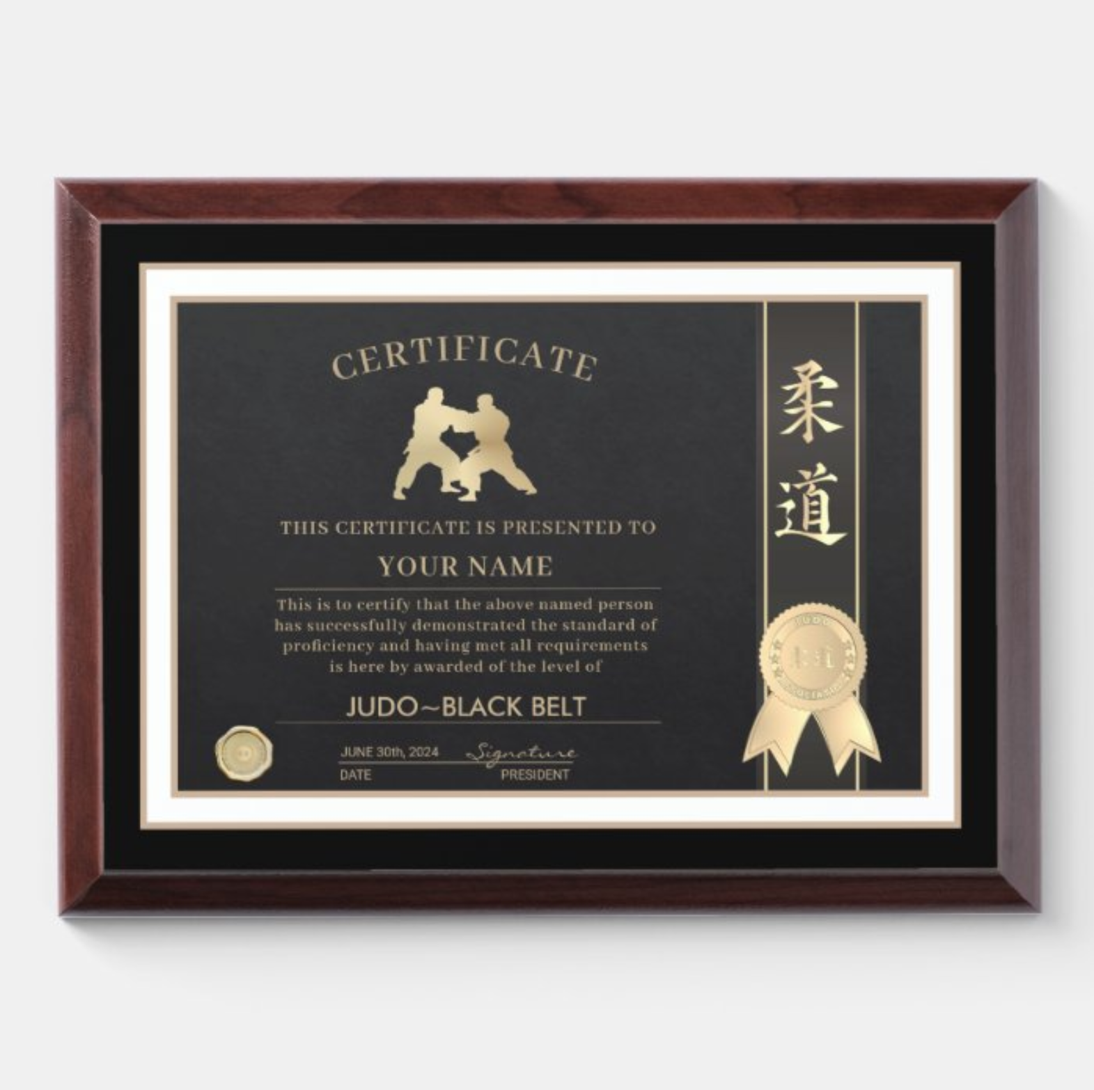 Judo Black Belt Certificate Award Plaque